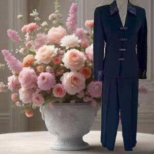 St John Black Knit Jacket Embellished Collar and Sleeve Size 2